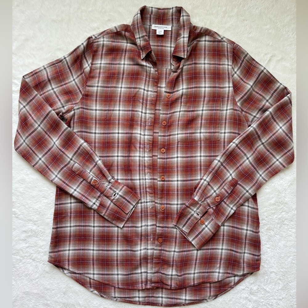 BeachLunchLounge Shirt Women’s Small Flannel Plaid Dark Orange Button Up‎ Autumn